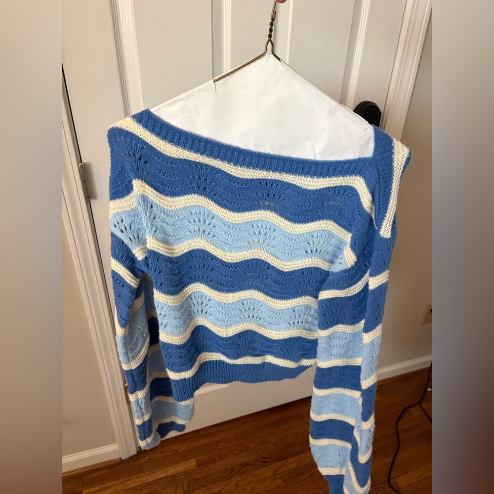 Cider Off-Shoulder Blue and Cream Sweater